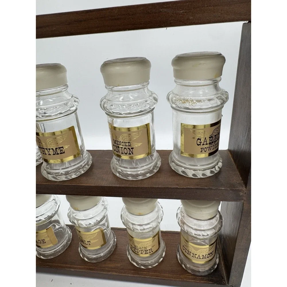 Antique Wood Spice Cabinet Rack w/ 10 Glass Jars & Lids